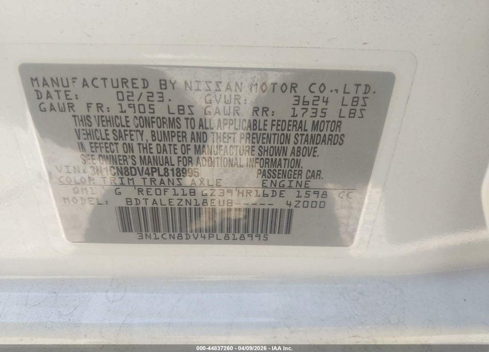 2023 NISSAN VERSA 1.6 S XTRONIC CVT VIN: 3N1CN8DV4PL818995