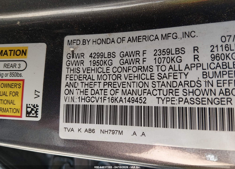 2019 HONDA ACCORD LX VIN: 1HGCV1F16KA149452
