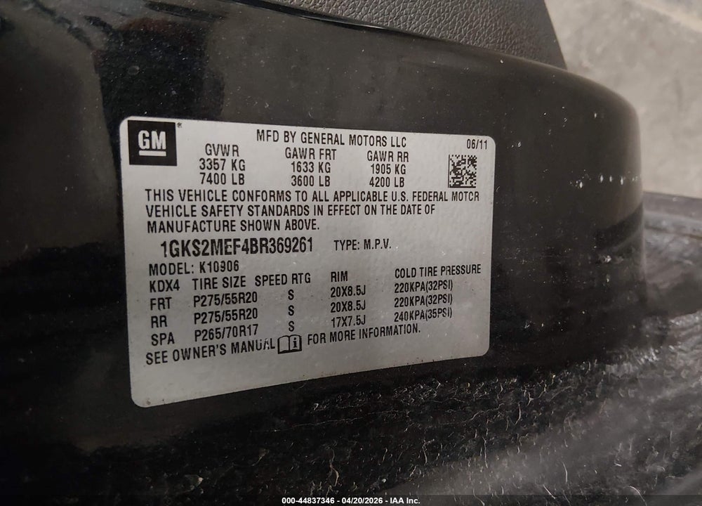2011 GMC YUKON XL 1500 DENALI VIN: 1GKS2MEF4BR369261