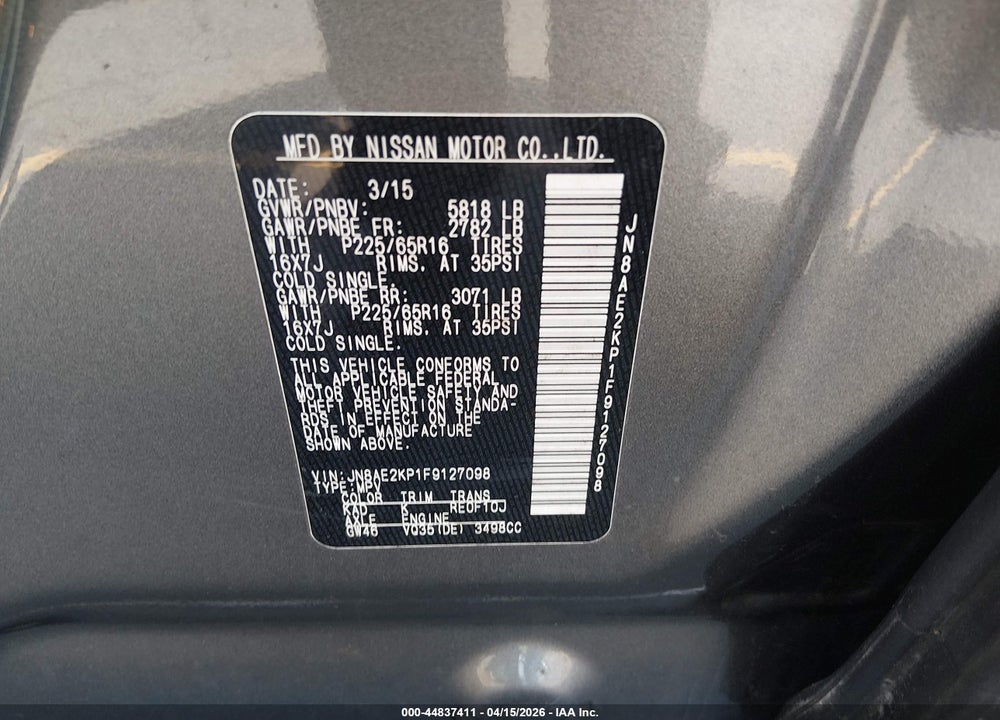 2015 NISSAN QUEST PLATINUM/S/SL/SV VIN: JN8AE2KP1F9127098
