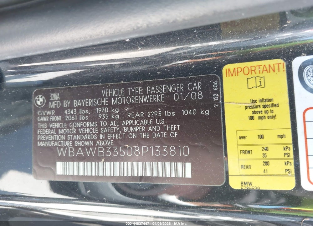 2008 BMW 328I VIN: WBAWB33508P133810