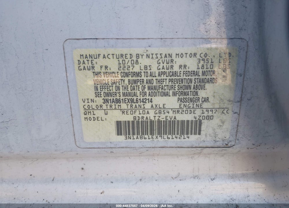 2009 NISSAN SENTRA 2.0S VIN: 3N1AB61EX9L614214