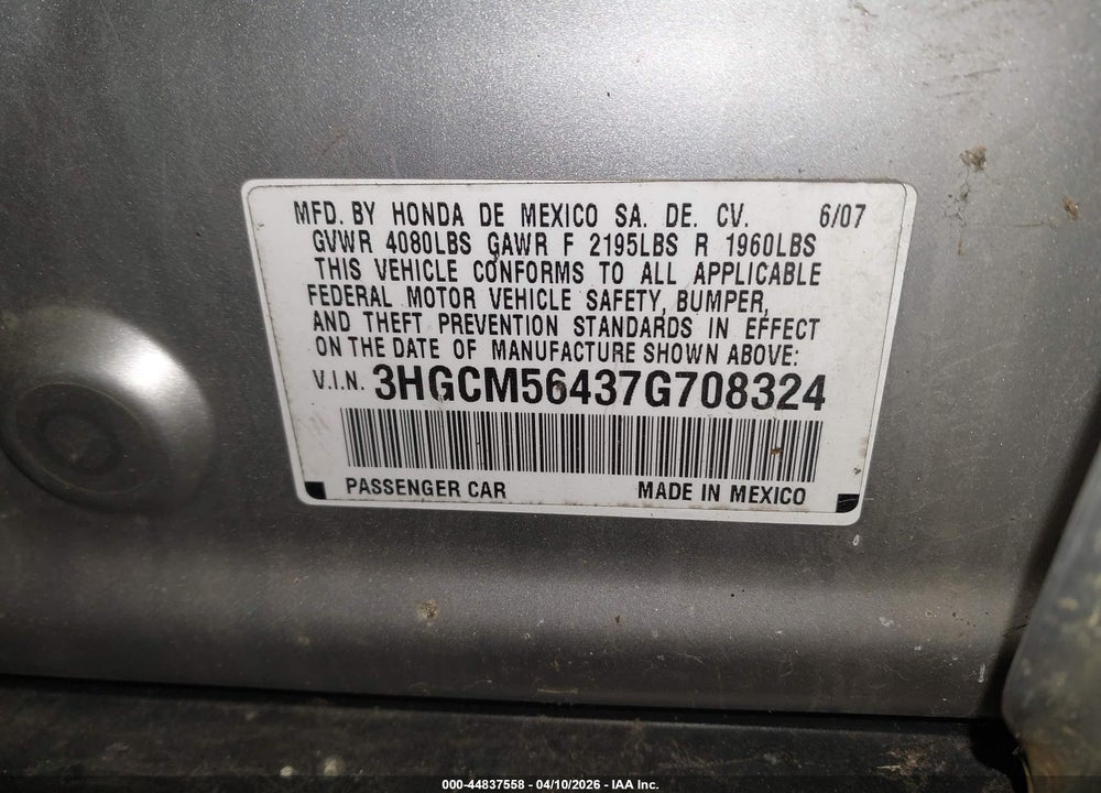 2007 HONDA ACCORD 2.4 LX VIN: 3HGCM56437G708324