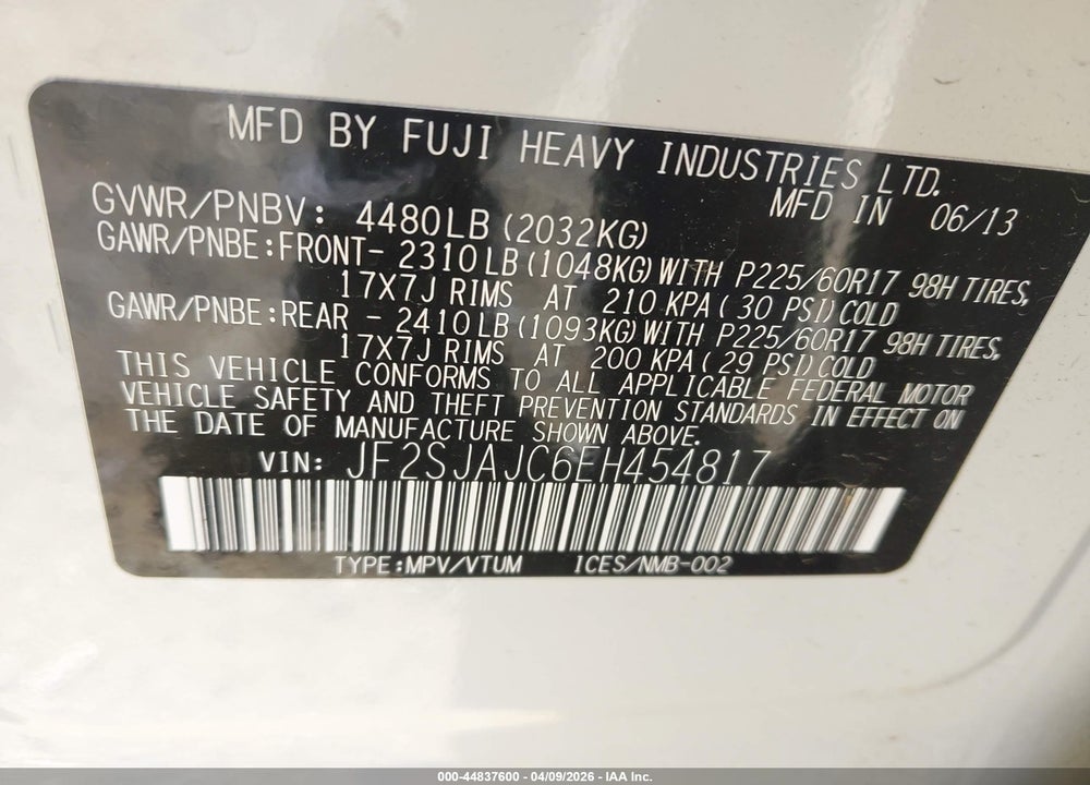 2014 SUBARU FORESTER 2.5I LIMITED VIN: JF2SJAJC6EH454817