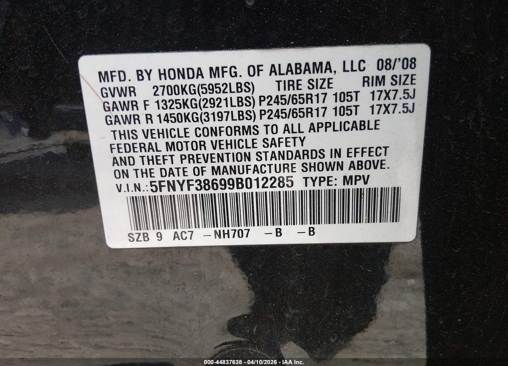 2009 HONDA PILOT EX-L VIN: 5FNYF38699B012285