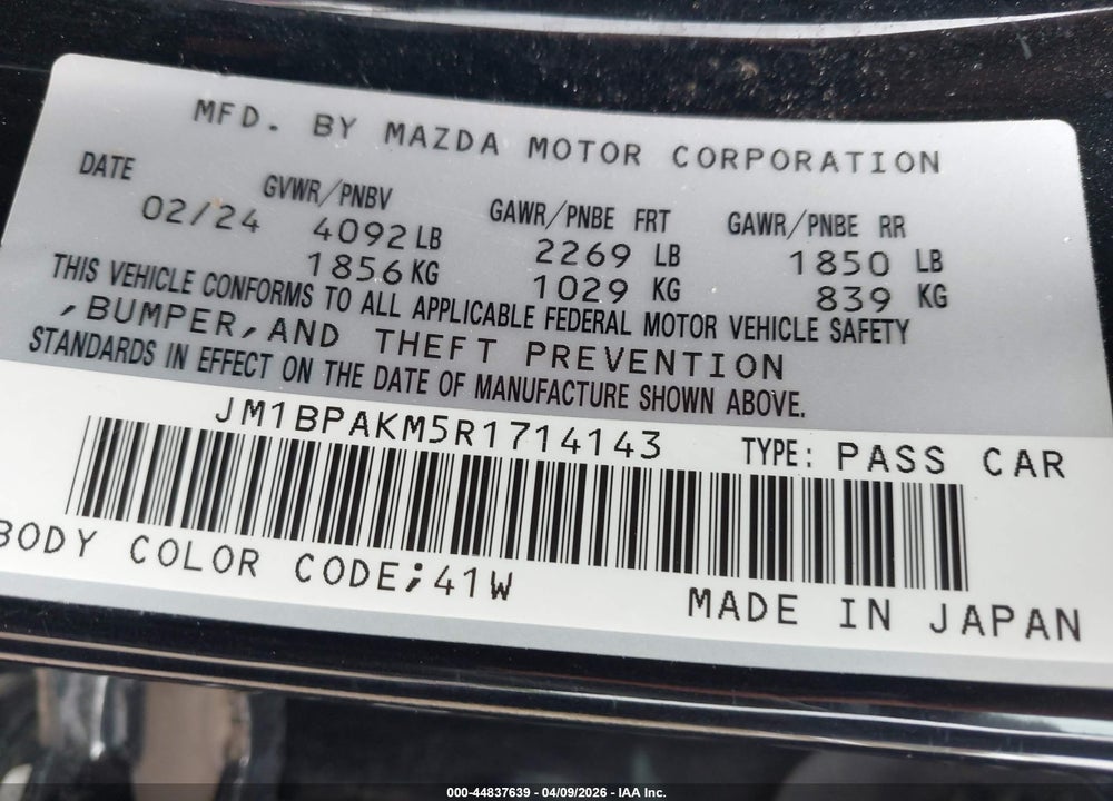 2024 MAZDA 3 2.5 S SELECT SPORT VIN: JM1BPAKM5R1714143
