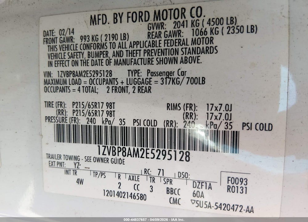 2014 FORD MUSTANG V6 PREMIUM VIN: 1ZVBP8AM2E5295128