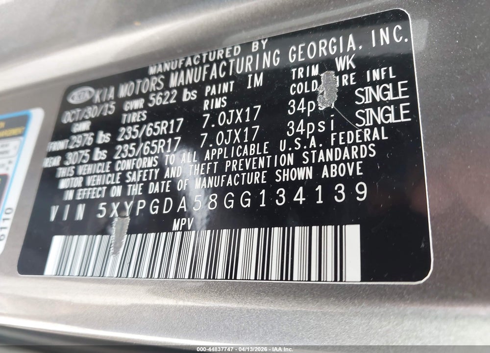 2016 KIA SORENTO 3.3L LX VIN: 5XYPGDA58GG134139