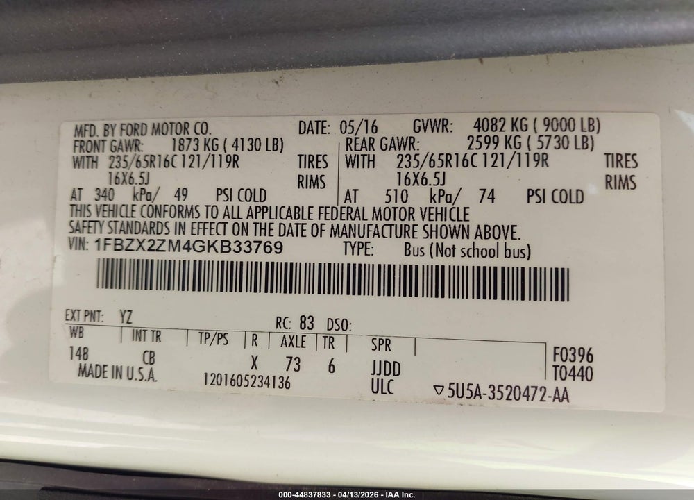 2016 FORD TRANSIT-350 XL VIN: 1FBZX2ZM4GKB33769
