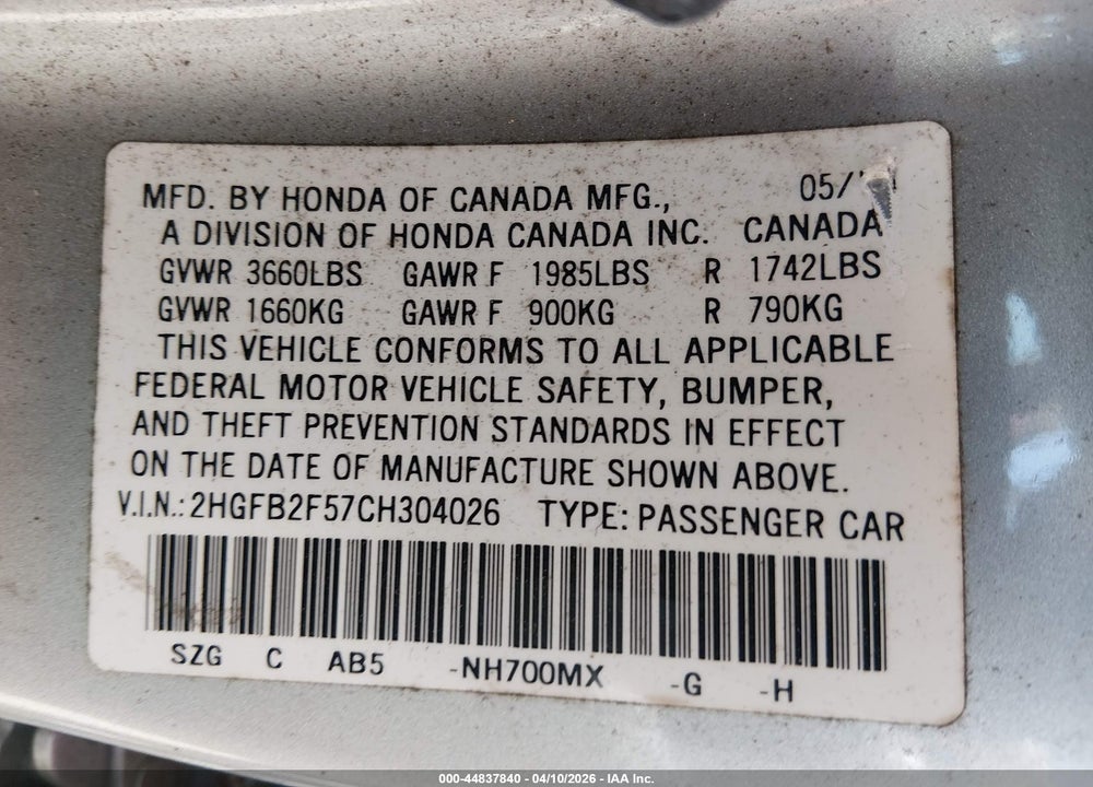 2012 HONDA CIVIC LX VIN: 2HGFB2F57CH304026