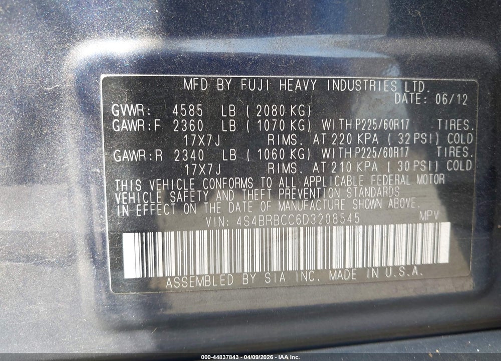 2013 SUBARU OUTBACK 2.5I PREMIUM VIN: 4S4BRBCC6D3208545