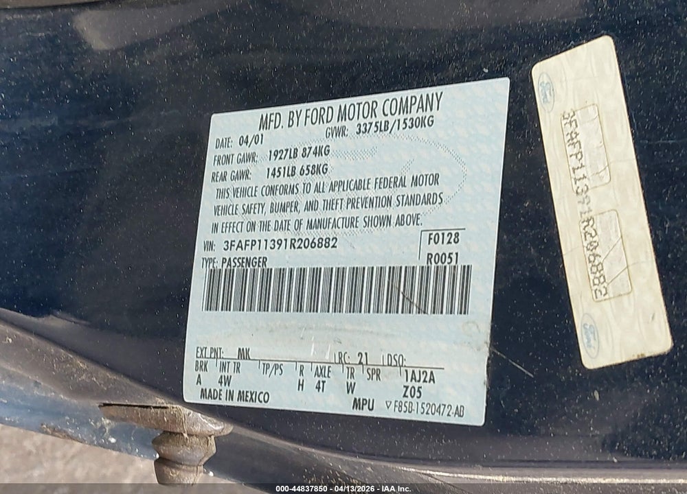 2001 FORD ESCORT ZX2 VIN: 3FAFP11391R206882