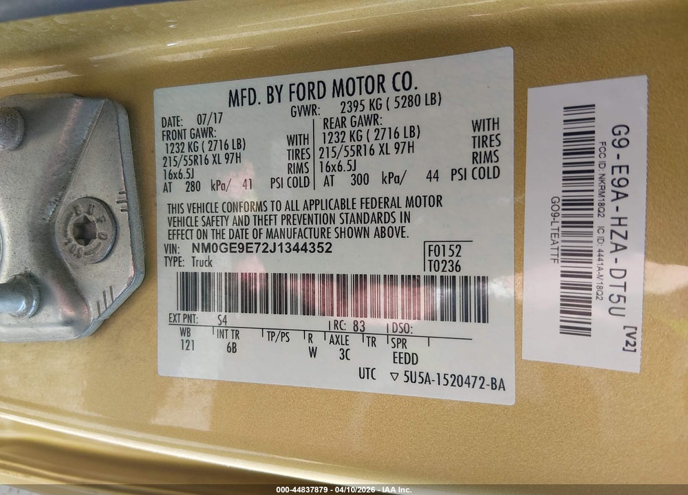 2018 FORD TRANSIT CONNECT XL VIN: NM0GE9E72J1344352