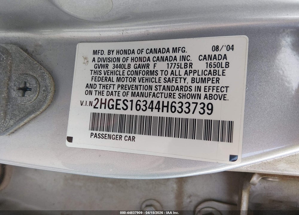 2004 HONDA CIVIC VP VIN: 2HGES16344H633739