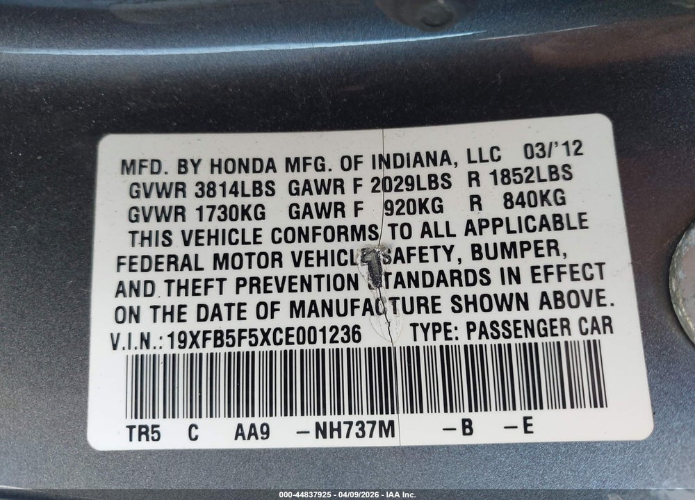 2012 HONDA CIVIC NATURAL GAS VIN: 19XFB5F5XCE001236