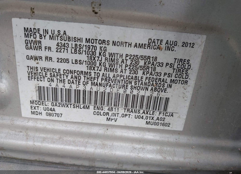 2013 MITSUBISHI OUTLANDER SPORT ES VIN: 4A4AP3AU2DE002126