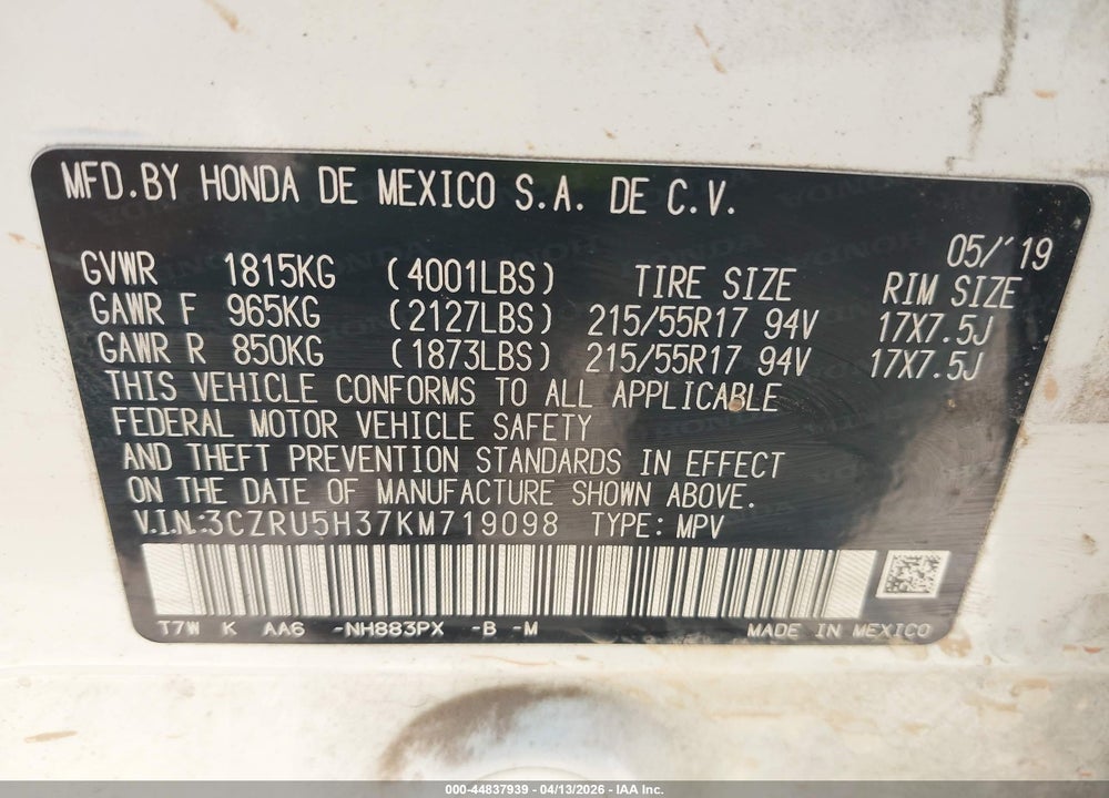 2019 HONDA HR-V LX VIN: 3CZRU5H37KM719098