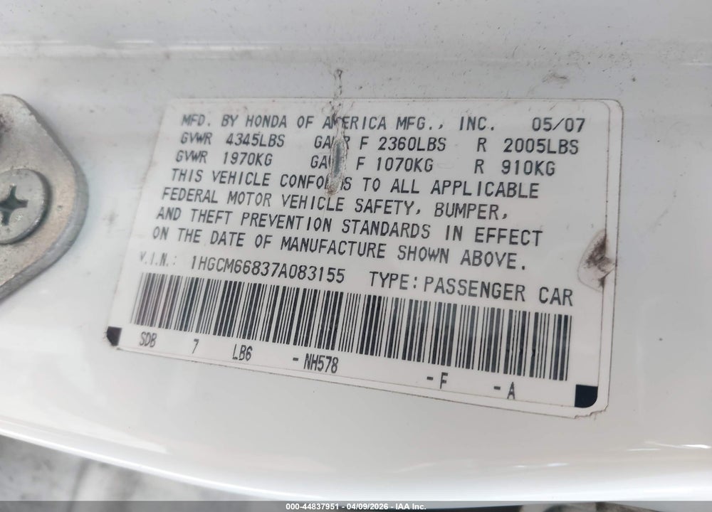 2007 HONDA ACCORD 3.0 EX VIN: 1HGCM66837A083155