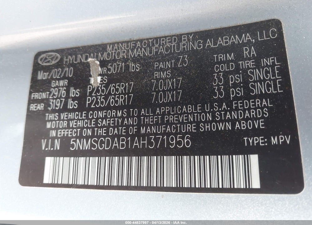 2010 HYUNDAI SANTA FE GLS VIN: 5NMSGDAB1AH371956