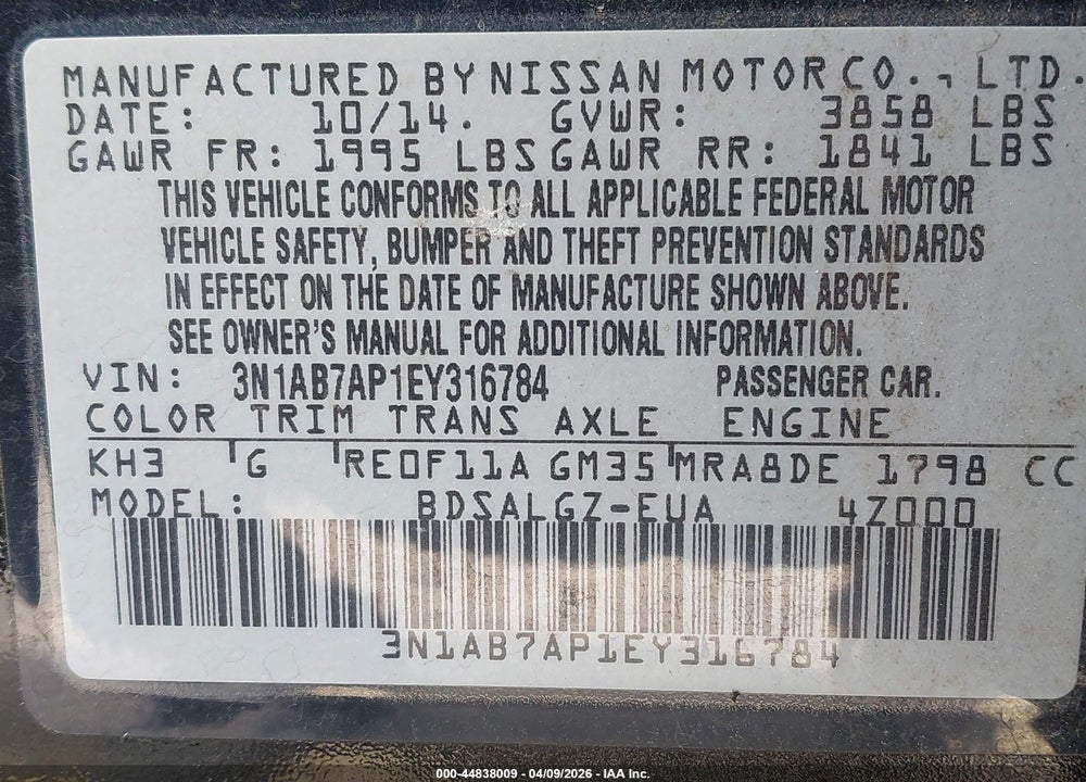 2014 NISSAN SENTRA SL VIN: 3N1AB7AP1EY316784