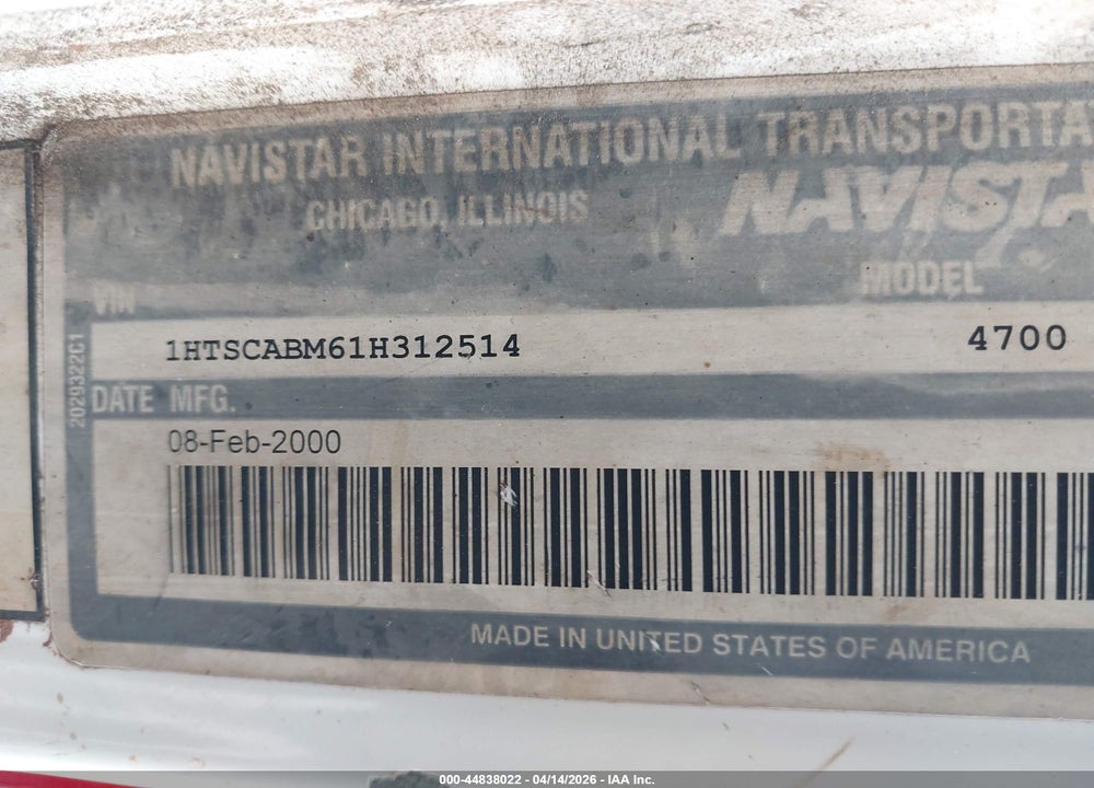 2001 INTERNATIONAL 4000 4700 VIN: 1HTSCABM61H312514
