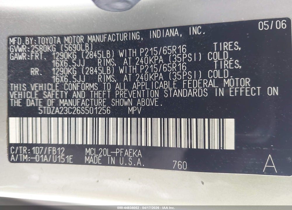 2006 TOYOTA SIENNA CE VIN: 5TDZA23C26S501256