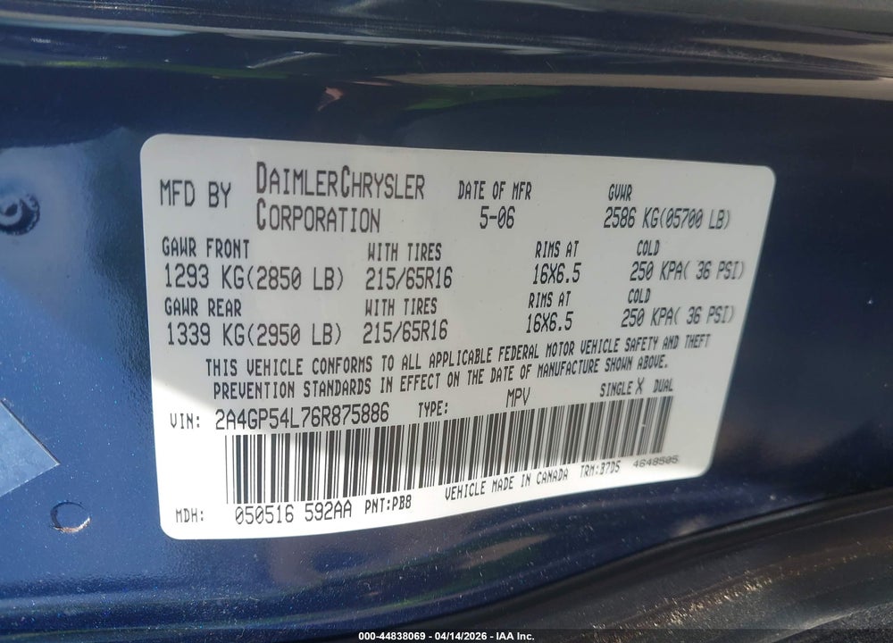 2006 CHRYSLER TOWN & COUNTRY TOURING VIN: 2A4GP54L76R875886