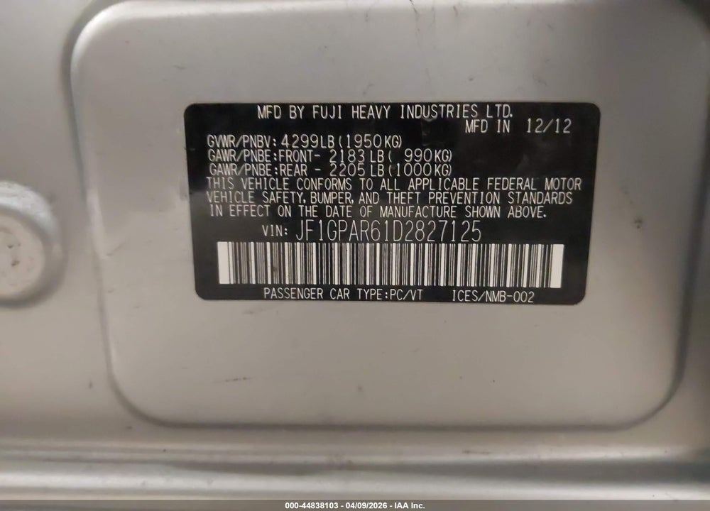 2013 SUBARU IMPREZA 2.0I SPORT LIMITED VIN: JF1GPAR61D2827125
