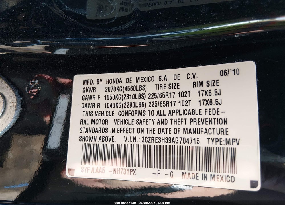 2010 HONDA CR-V LX VIN: 3CZRE3H39AG704715