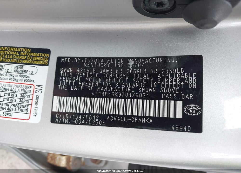 2007 TOYOTA CAMRY LE VIN: 4T1BE46K97U179034