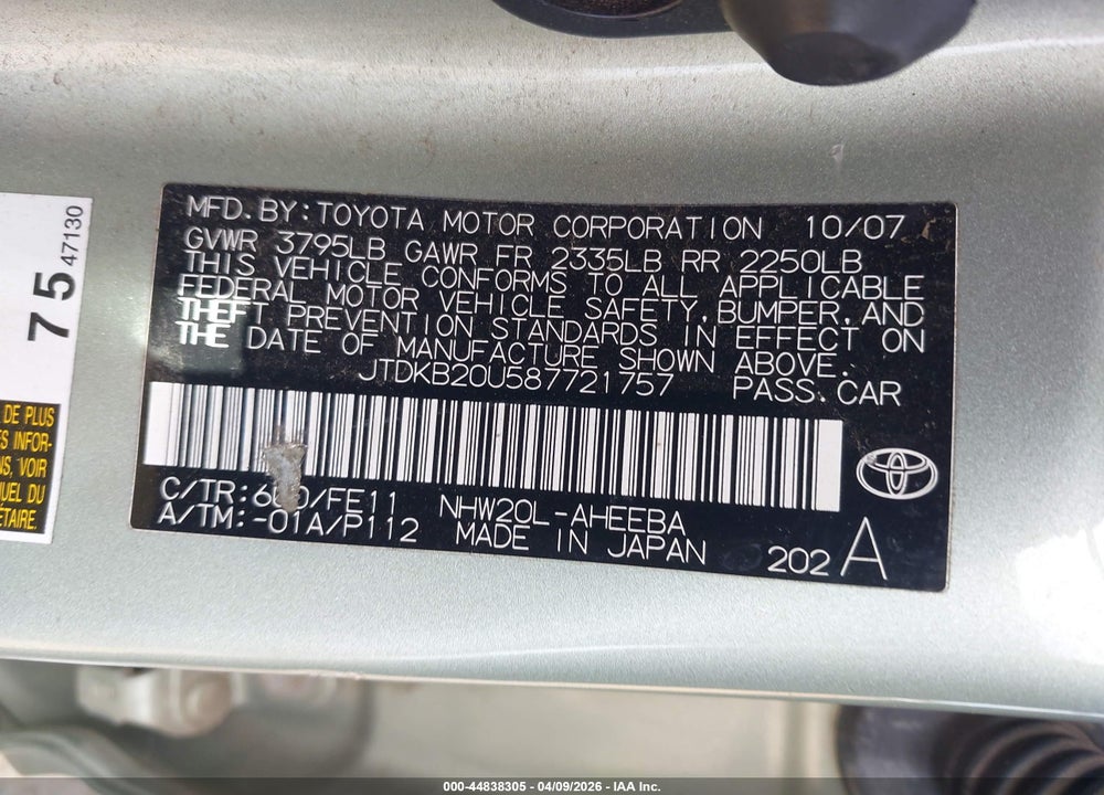 2008 TOYOTA PRIUS VIN: JTDKB20U587721757