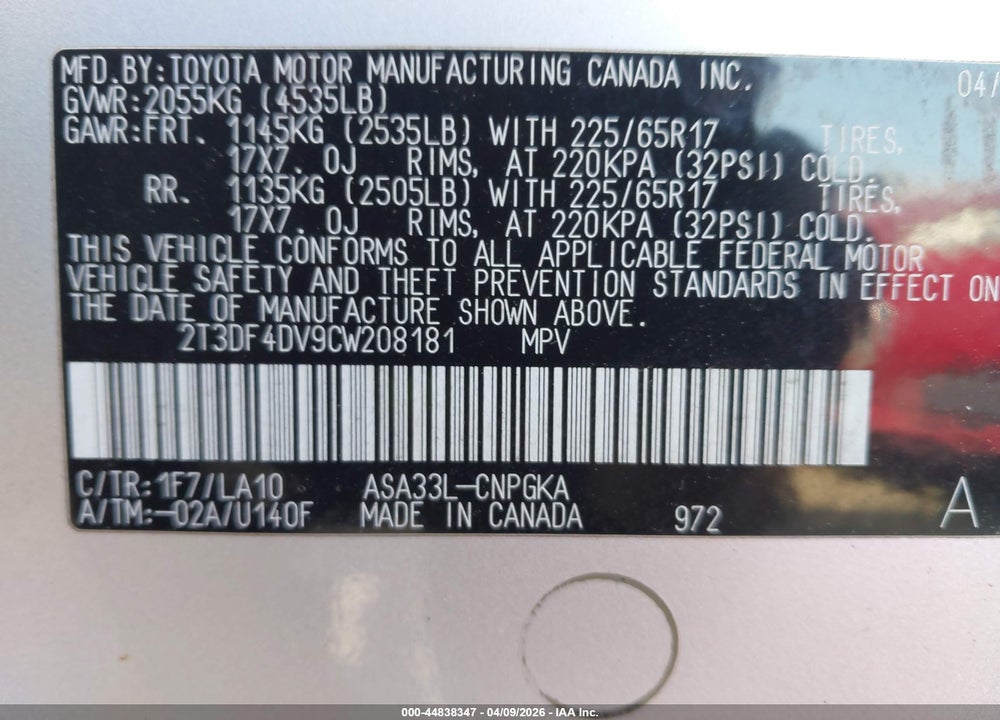 2012 TOYOTA RAV4 LIMITED VIN: 2T3DF4DV9CW208181