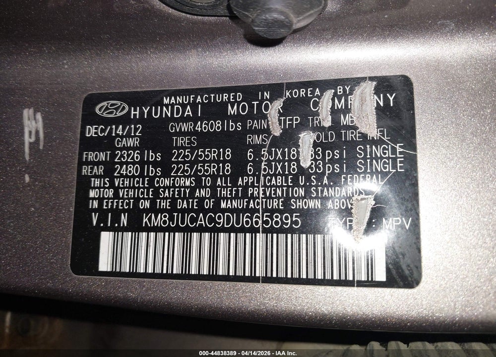 2013 HYUNDAI TUCSON LIMITED VIN: KM8JUCAC9DU665895
