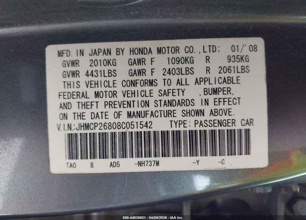 2008 HONDA ACCORD 2.4 EX-L VIN: JHMCP26808C051542