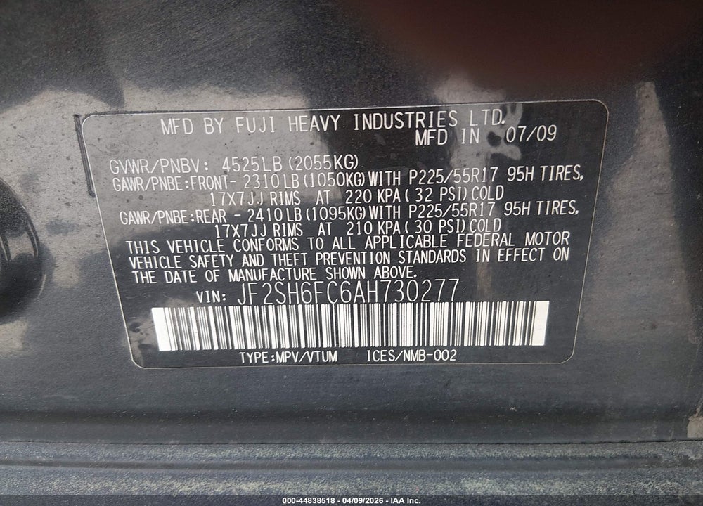 2010 SUBARU FORESTER 2.5XT LIMITED VIN: JF2SH6FC6AH730277