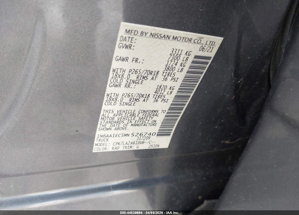 2021 NISSAN TITAN S 4X4 VIN: 1N6AA1EC5MN526740