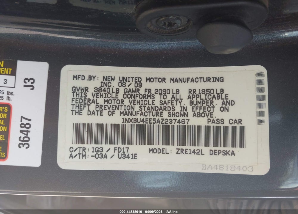2010 TOYOTA COROLLA S VIN: 1NXBU4EE5AZ237467