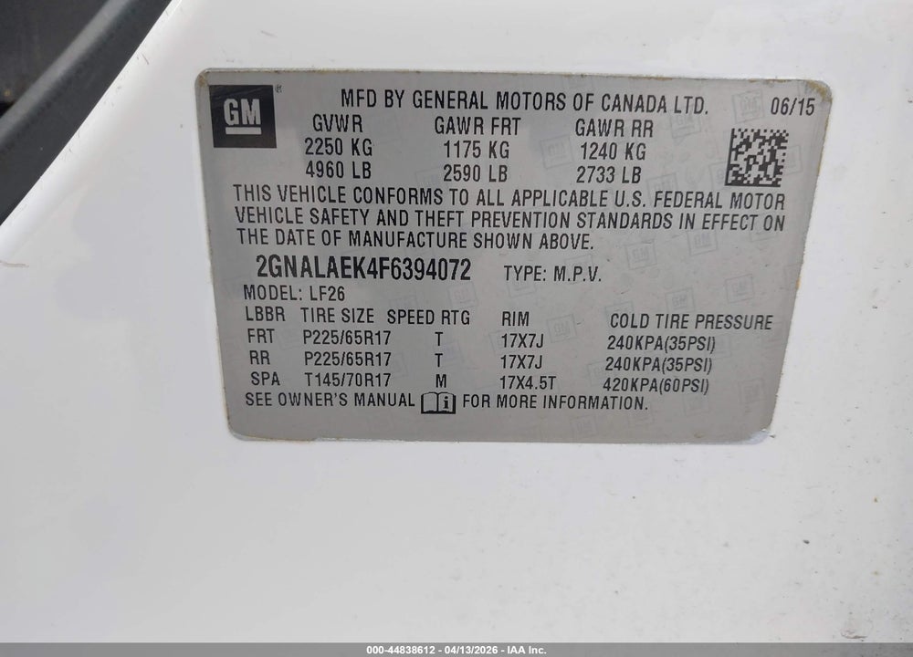 2015 CHEVROLET EQUINOX LS VIN: 2GNALAEK4F6394072