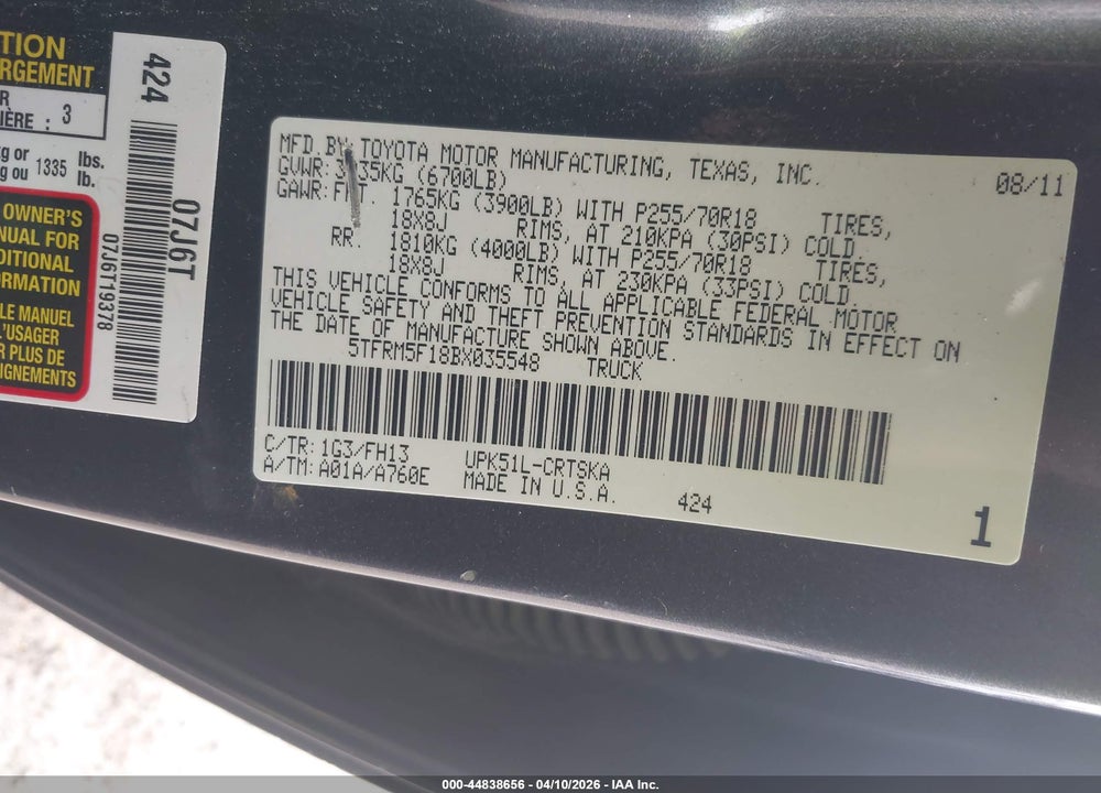 2011 TOYOTA TUNDRA GRADE 4.6L V8 VIN: 5TFRM5F18BX035548