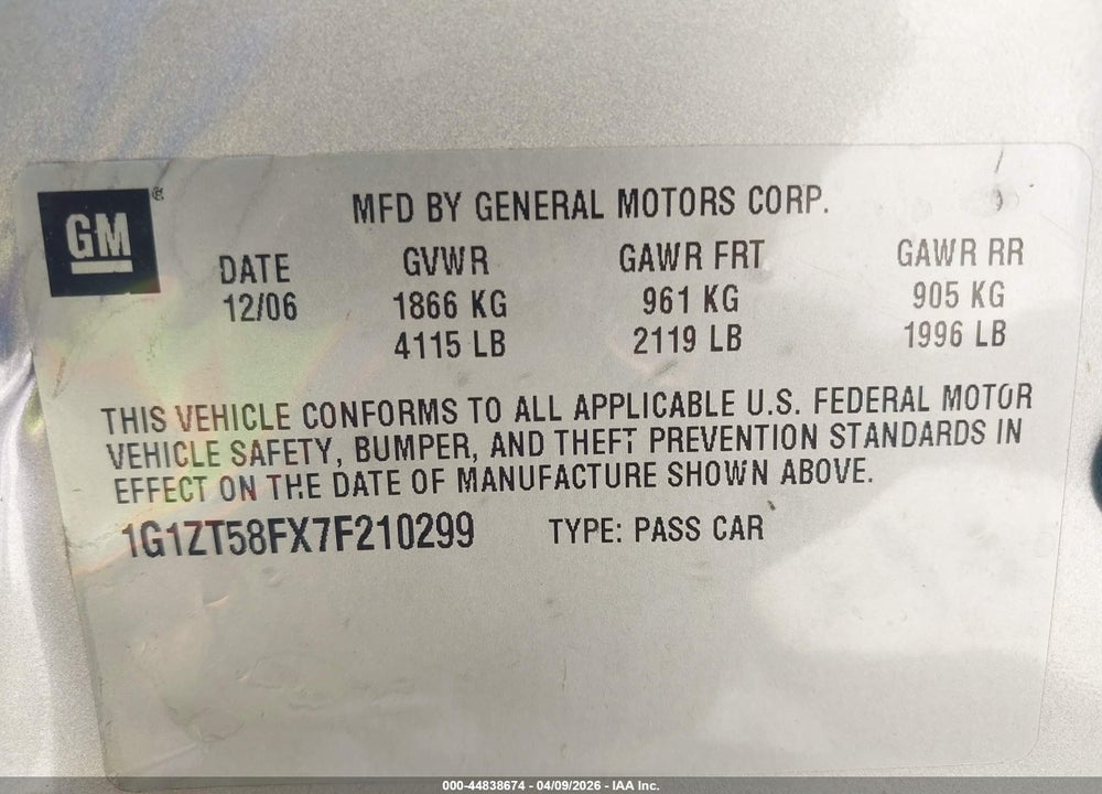2007 CHEVROLET MALIBU LT VIN: 1G1ZT58FX7F210299