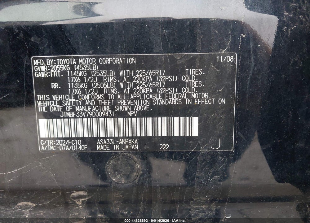 2009 TOYOTA RAV4 VIN: JTMBF33V79D009431