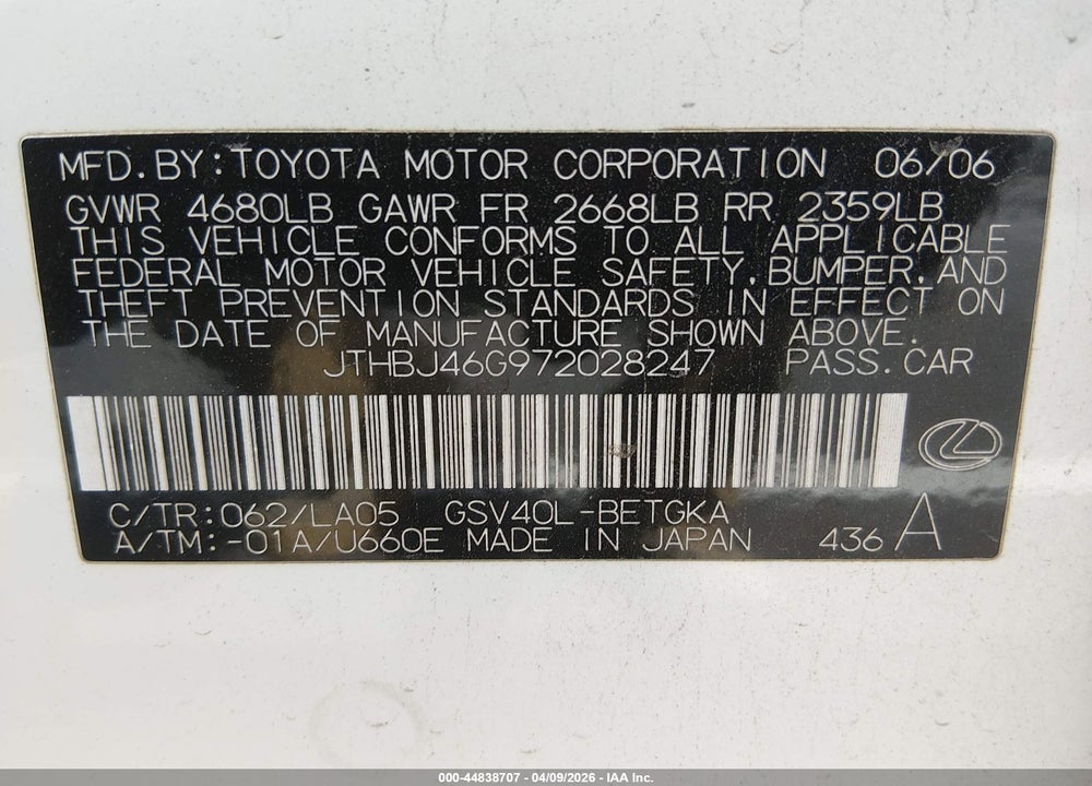 2007 LEXUS ES 350 VIN: JTHBJ46G972028247