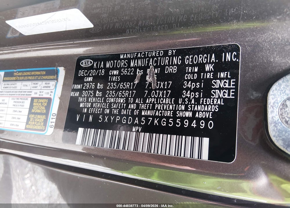 2019 KIA SORENTO 3.3L LX VIN: 5XYPGDA57KG559490