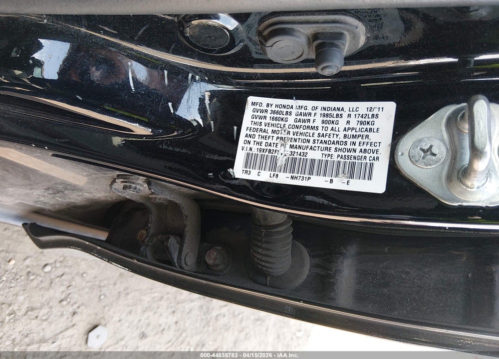 2012 HONDA CIVIC LX VIN: 19XFB2F51CE321432