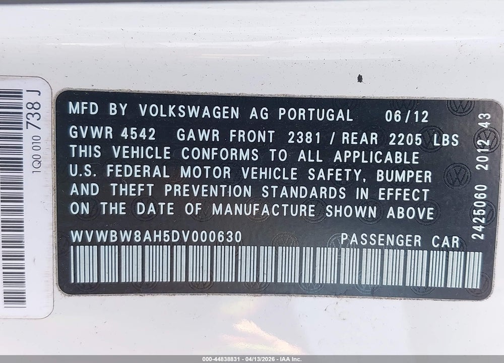 2013 VOLKSWAGEN EOS SPORT VIN: WVWBW8AH5DV000630