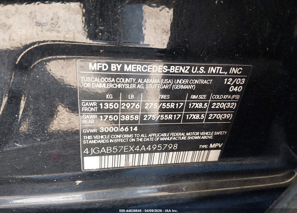 2004 MERCEDES-BENZ ML 350 4MATIC VIN: 4JGAB57EX4A495798