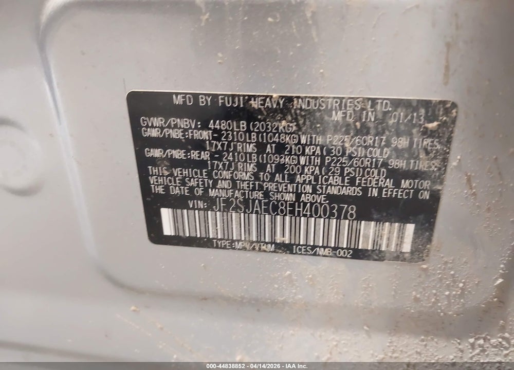 2014 SUBARU FORESTER 2.5I PREMIUM VIN: JF2SJAEC8EH400378