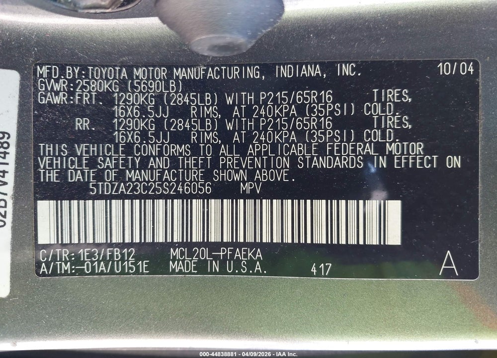 2005 TOYOTA SIENNA LE VIN: 5TDZA23C25S246056