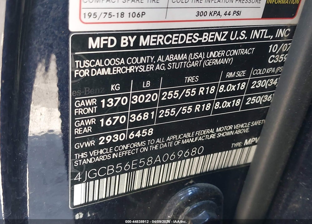 2008 MERCEDES-BENZ R 350 VIN: 4JGCB56E58A069680