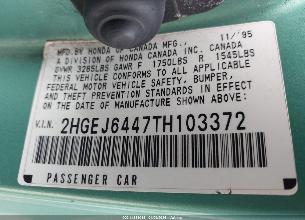1996 HONDA CIVIC DX VIN: 2HGEJ6447TH103372
